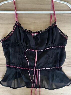 Black Sheer Ribbon-Trim Cami with Pink Accents